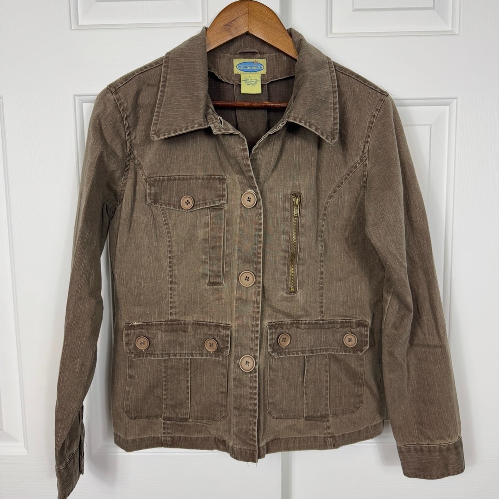 Overdrive Women's Large Jacket Brown Long Sleeves Button‎ Front Lots of Pockets